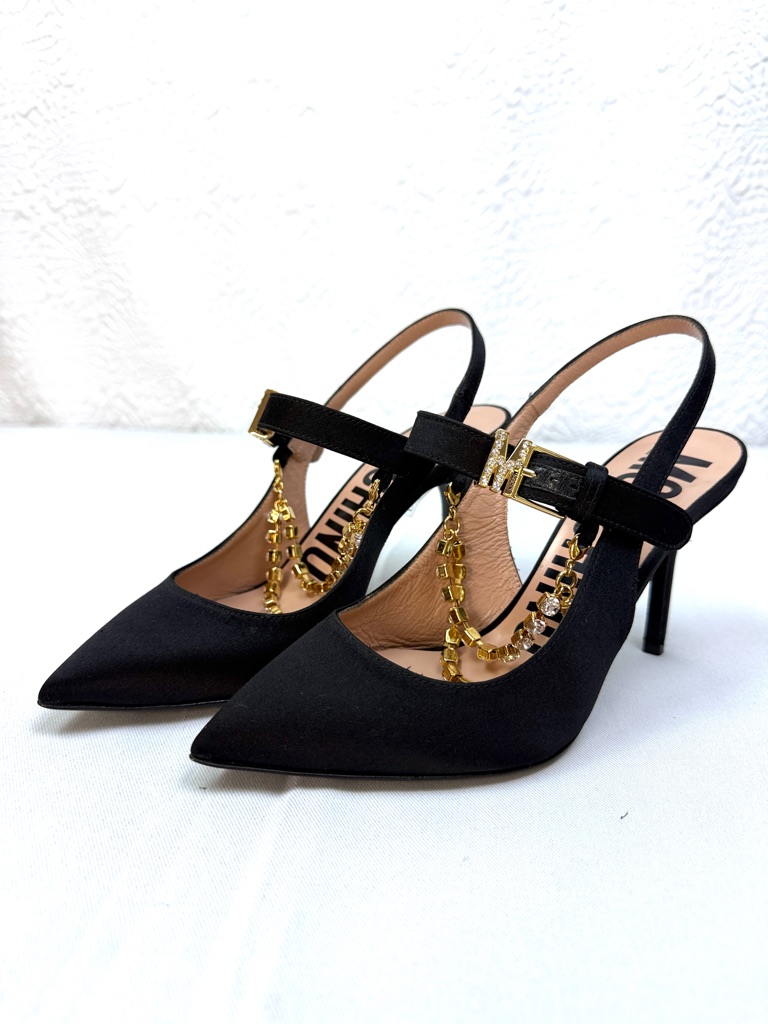 Moschino Crystal Chain Slingback Pumps Black Silk Satin Heels Eu 35 Nwo Box